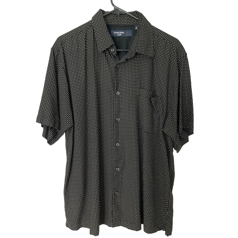 Toscano Silk Blend Men’s S/S Shirt, Black Small Polka Dot, Size Large